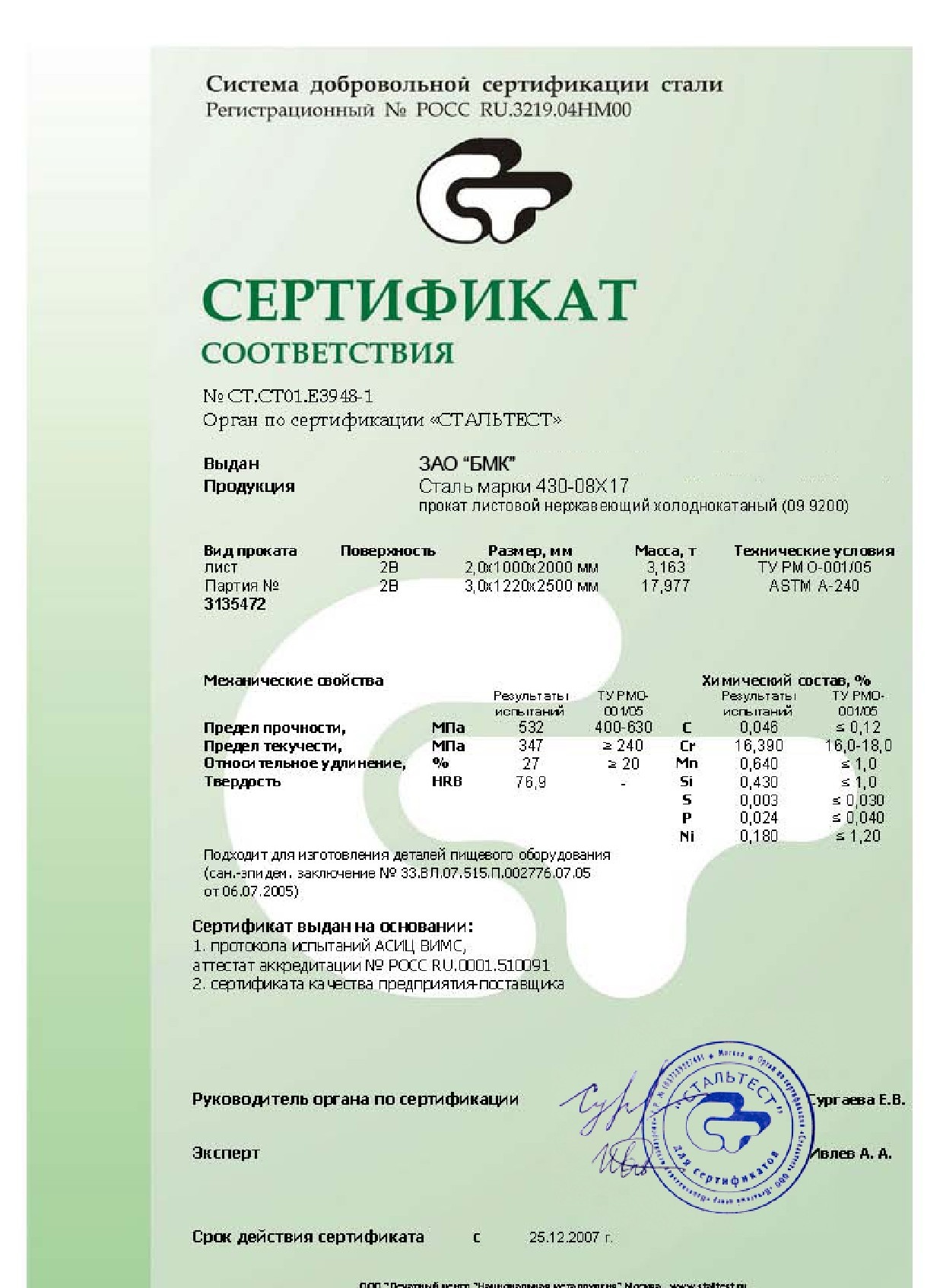 Сертификат на лист стальной нержавеющий 3,0х1220х2500 от 12-07